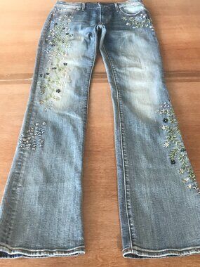 Driftwood Classic Fit Kelly Jeans Women 27 Blue Floral Embroidered Mid Rise Boho